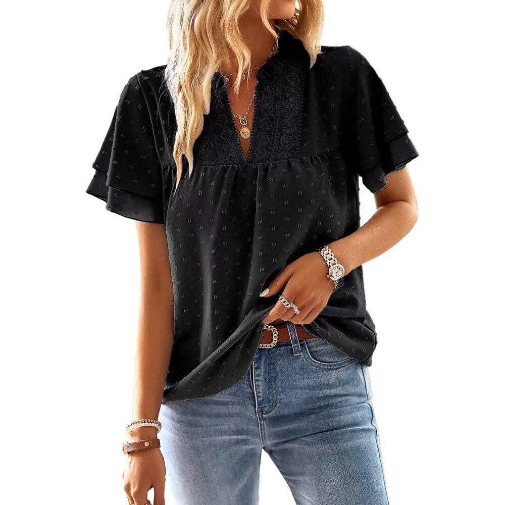 Women's Butterfly Sleeve V Neck Blouse Swiss Dot Ruffle Casual Shirt